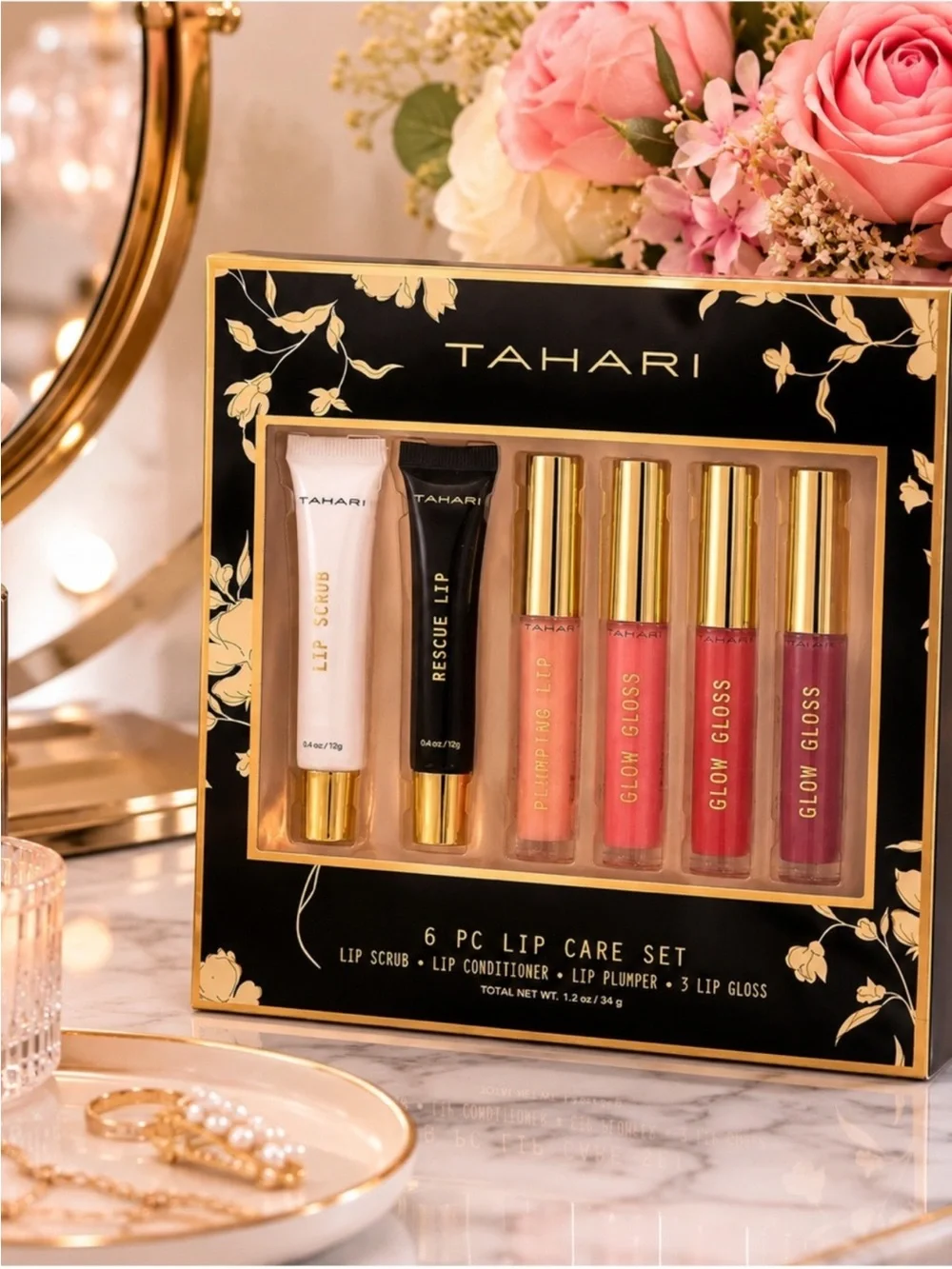 Tahari 6-Piece Lip Care Set - Lip Scrub Lip Conditioner Plumper & 3 Lip Gloss